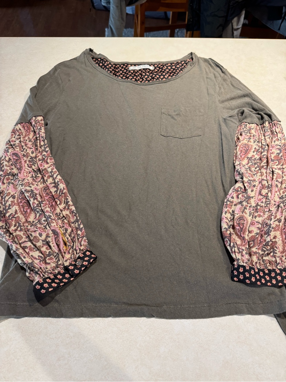 We The Free Olive Long Sleeve Top with Paisley Balloon Sleeves